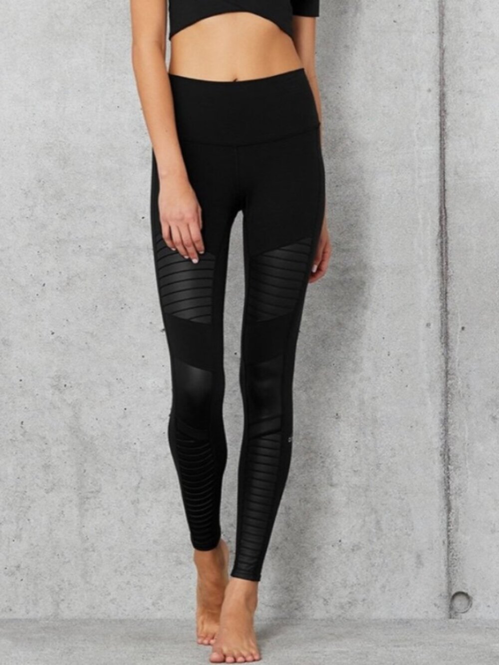 Alo Yoga Moto Leggings Ribbed Mesh High Waisted Stretch Pants Black Size Small